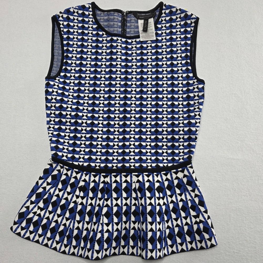 BCBG Max Azria Peplum Top Black Blue White Women's Size XS Knit